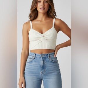 NWT Dreamers by Debut Cream Colored Knit Ribbed Crop Top Front Knot Soft Small